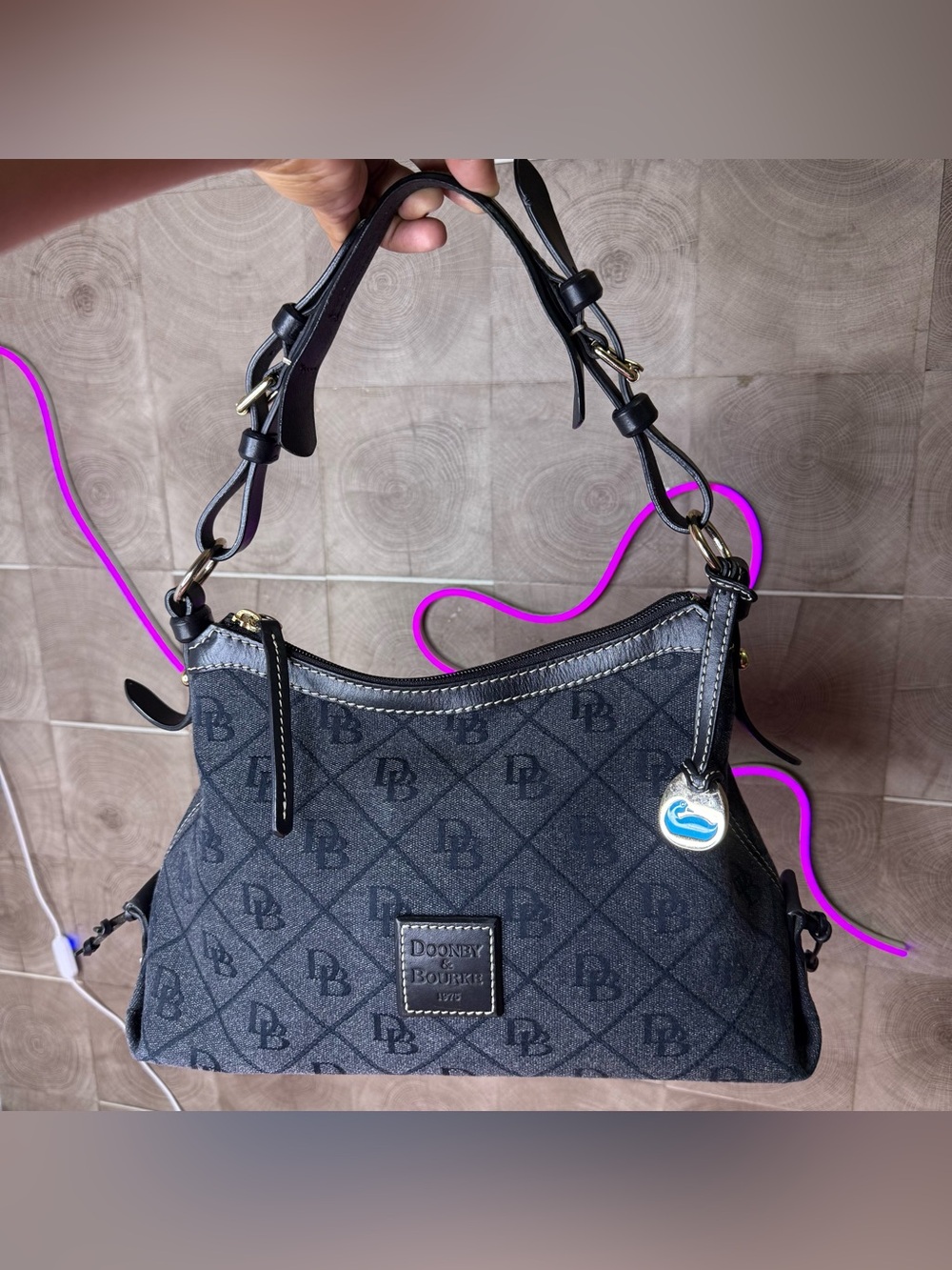 Dooney & Bourke Satchel Handbag Medium Logo Black Fabric & Leather Trim